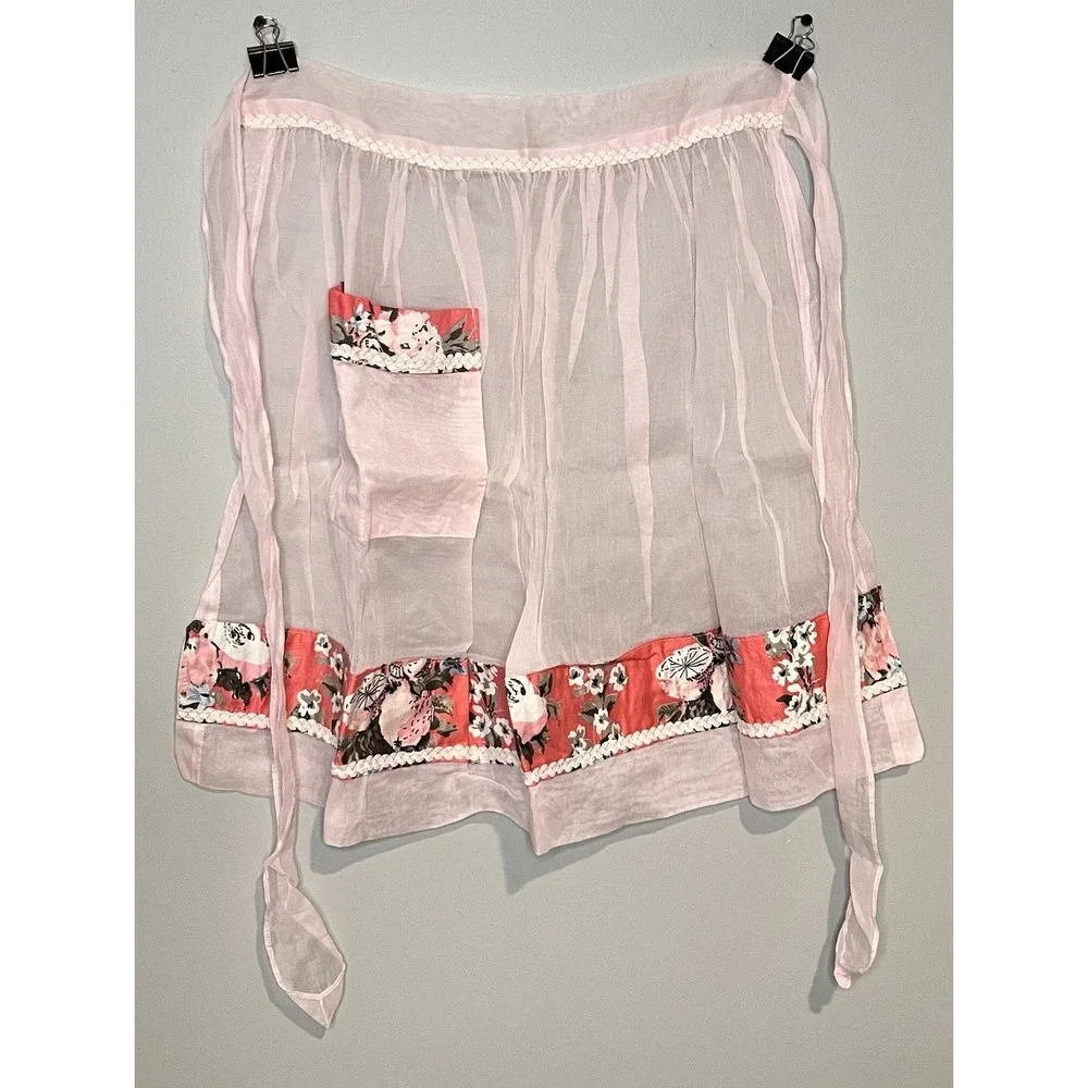 2 Pc Vintage Half Apron Hostess Semi-Sheer Pink Floral/Fruit Motiff And Gingham
